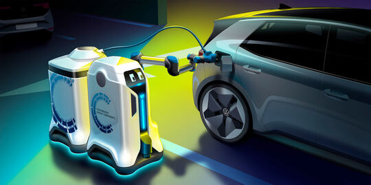 Robots transport the energie storage device to vehicles and connect both for the charging process.