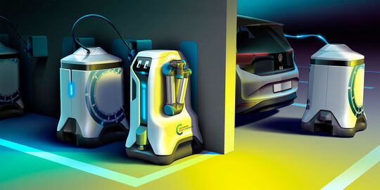 Energie devices and robots are stored in a charging station when not in use.