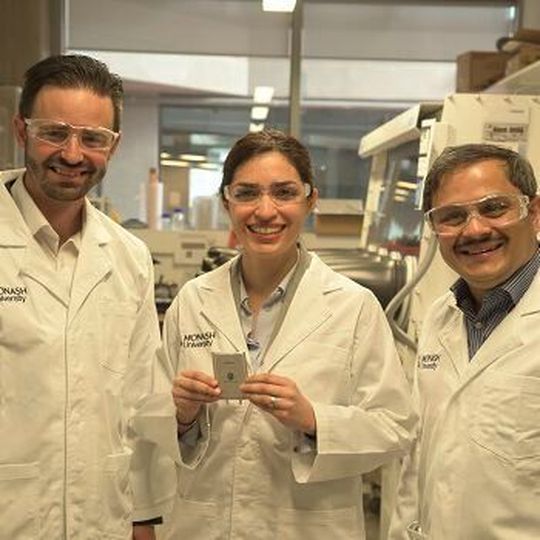 Associate Professor Matthew Hill, Dr Mahdokht Shaibani and Professor Mainak Majumder with the lithium-sulphur battery design. Associate Professor Matthew Hill, Dr Mahdokht Shaibani and Professor Mainak Majumder with the lithium-sulphur battery design.