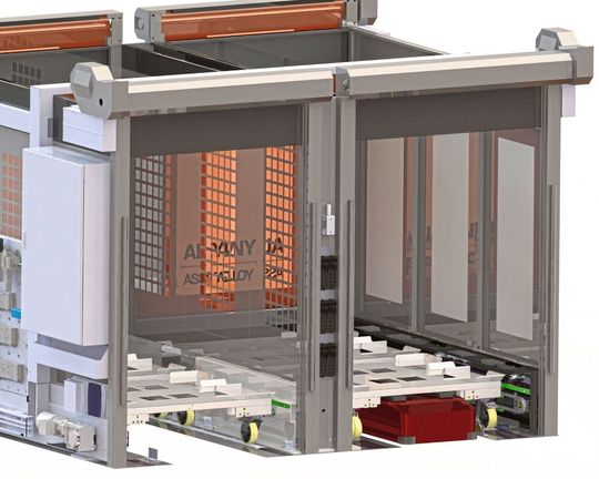 Blick von vorn in die Sicherheitsschleuse, rechts Materialeinfahrt für FTS (rot) mit Bodenroller (hier ohne Palette), links Abtransport leere Bodenroller. Vorne Rolltore offen, hinten Rolltore geschlossen. Blick von vorn in die Sicherheitsschleuse, rechts Materialeinfahrt für FTS (rot) mit Bodenroller (hier ohne Palette), links Abtransport leere Bodenroller. Vorne Rolltore offen, hinten Rolltore geschlossen.