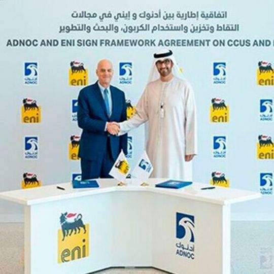 The framework agreement was signed by His Excellency Dr. Sultan Ahmed Al Jaber, UAE Minister of State and Adnoc Group CEO and Claudio Descalzi, CEO of Eni. The framework agreement was signed by His Excellency Dr. Sultan Ahmed Al Jaber, UAE Minister of State and Adnoc Group CEO and Claudio Descalzi, CEO of Eni.