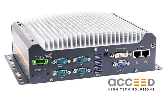 Beim Industrie-PC Nuvo-7501 befinden sich alle Anschlüsse an der Frontseite. Beim Industrie-PC Nuvo-7501 befinden sich alle Anschlüsse an der Frontseite.