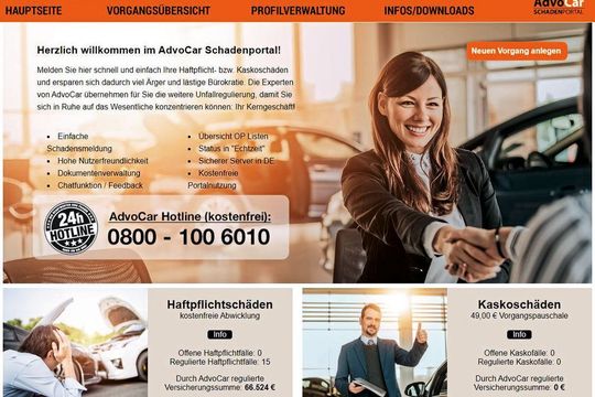 Mit wenigen Klicks kann der Nutzer auf dem Advocar-Portal einen Schaden anlegen und melden. Mit wenigen Klicks kann der Nutzer auf dem Advocar-Portal einen Schaden anlegen und melden.