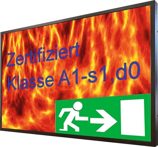 Die nicht brennbaren TFT-Großbildschirme sind EN 13501-1 konzipiert und nach Klasse A1-s1,d0 zertifiziert. Die nicht brennbaren TFT-Großbildschirme sind EN 13501-1 konzipiert und nach Klasse A1-s1,d0 zertifiziert.
