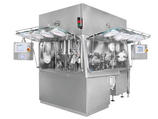 Einsatz von Isolatoren bei der Feuchtgranulation im Mischer, Wirbelschichttrocknung sowie Feucht- und Trockenmahlung für Chargen bis zu 8 kg. Gesamtansicht - gut zu erkennen ist die winkelförmige Anordnung des Isolators