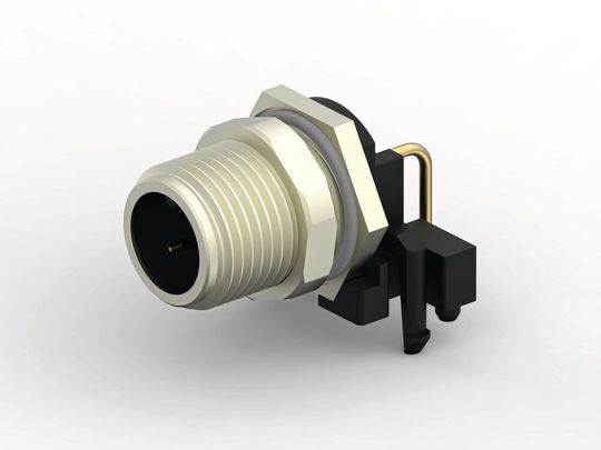 Die gewinkelten M12-PCB-Steckverbinder gibt es in Ausführungen mit zwei, vier und acht Kontakten für die direkte Montage auf Leiterplatten und als Wanddurchführung.