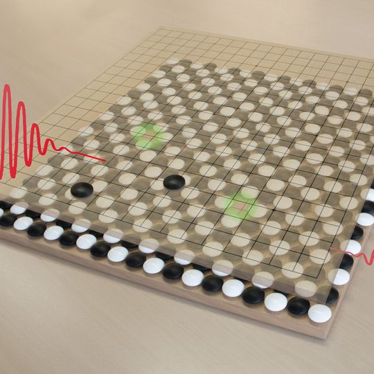 Two electrons and two holes, created by light quanta, held together by a chessboard-like background. Two electrons and two holes, created by light quanta, held together by a chessboard-like background.