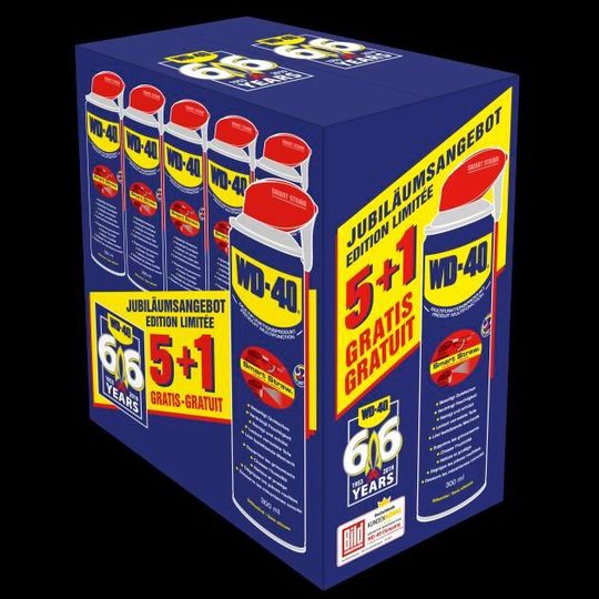 Fünf zahlen und sechs bekommen: das aktuelle Jubiläumsangebot von WD-40. Fünf zahlen und sechs bekommen: das aktuelle Jubiläumsangebot von WD-40.