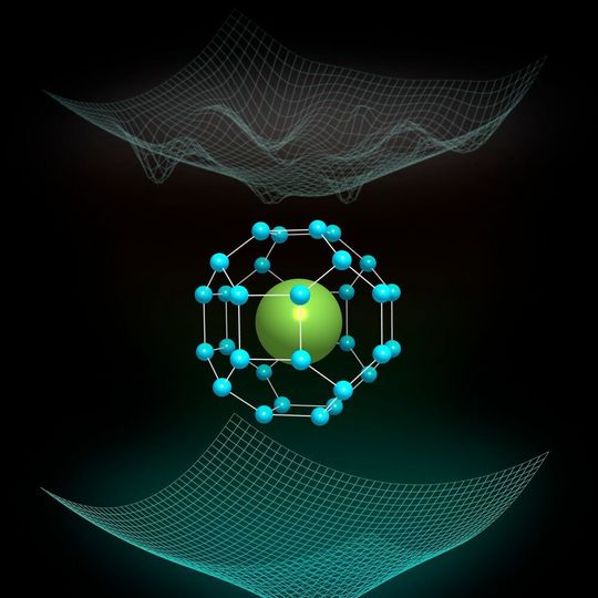 Crystal structure of the Fm-3m phase of LaH10, where a highly symmetric hydrogen cage encloses the lanthanum atoms. In the top a sketch of the complex classical energy landscape is shown, where many minima are present. On the other hand, in the bottom we see a sketch of the completely reshaped much simpler quantum energy landscape, where only one minimum survives. Crystal structure of the Fm-3m phase of LaH10, where a highly symmetric hydrogen cage encloses the lanthanum atoms. In the top a sketch of the complex classical energy landscape is shown, where many minima are present. On the other hand, in the bottom we see a sketch of the completely reshaped much simpler quantum energy landscape, where only one minimum survives.