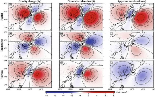 Räumliche Verteilung der PEGS-Signalstärke während des Tohoku-Bebens im Jahr 2011, kurz vor dem Eintreffen der primären seismische Welle. Räumliche Verteilung der PEGS-Signalstärke während des Tohoku-Bebens im Jahr 2011, kurz vor dem Eintreffen der primären seismische Welle.