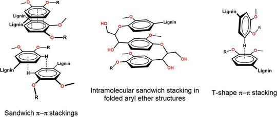 Die Benzolringe des Lignins können in unterschiedlicher Anordnung zueinenander stehen und so die Materialeigenschaften maßgeblich beeinflussen.
