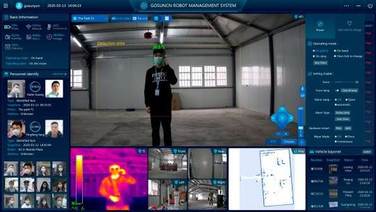 Roboter kommen in China zum Einsatz, um Menschen mit erhöhter Temperatur zu erkennen oder ob sie eine Atemschutzmaske tragen. Roboter kommen in China zum Einsatz, um Menschen mit erhöhter Temperatur zu erkennen oder ob sie eine Atemschutzmaske tragen.