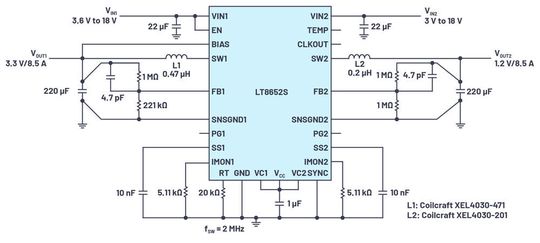Bild 1: Auf dem LT8652S basierender synchroner Abwärtswandler mit zwei Ausgängen und extrem geringen EMI-Emissionen zur Umwandlung von 12 V in 3,3 V und 1,2 V Bild 1: Auf dem LT8652S basierender synchroner Abwärtswandler mit zwei Ausgängen und extrem geringen EMI-Emissionen zur Umwandlung von 12 V in 3,3 V und 1,2 V