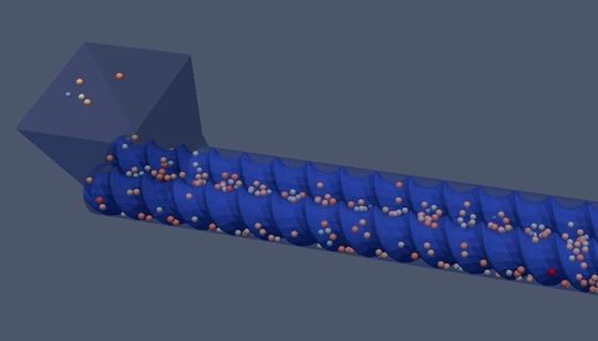 Bild einer 3D-Simulation, die das Untersuchungsziel hat, die Feststoffförderung in einem Doppelschneckenextruder mithilfe der sogenannten Diskrete-Elemente-Methode unter die Lupe zu nehmen. Daran forschen Experten des IKT der Universität Stuttgart momentan. Das soll Zeit und Kosten sparen. Bild einer 3D-Simulation, die das Untersuchungsziel hat, die Feststoffförderung in einem Doppelschneckenextruder mithilfe der sogenannten Diskrete-Elemente-Methode unter die Lupe zu nehmen. Daran forschen Experten des IKT der Universität Stuttgart momentan. Das soll Zeit und Kosten sparen.