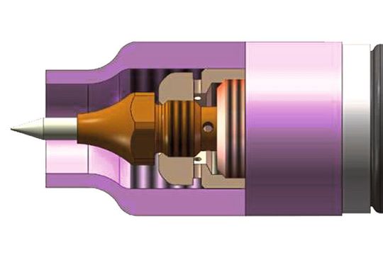 Durch das Einschrauben der Elektrodeneinheit in den WIG-Brenner entsteht an der Kontaktfläche eine hohe Flächenpressung und damit ein guter Stromübergang und eine präzise Positionierung. Durch das Einschrauben der Elektrodeneinheit in den WIG-Brenner entsteht an der Kontaktfläche eine hohe Flächenpressung und damit ein guter Stromübergang und eine präzise Positionierung.