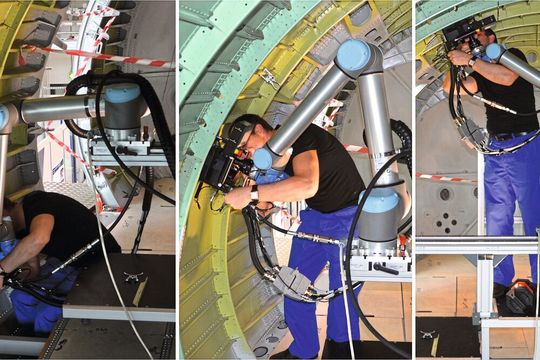 Montage einer Stringer-Kupplung mithilfe eines kollaborativen Roboters im Flugzeugrumpf. Montage einer Stringer-Kupplung mithilfe eines kollaborativen Roboters im Flugzeugrumpf.