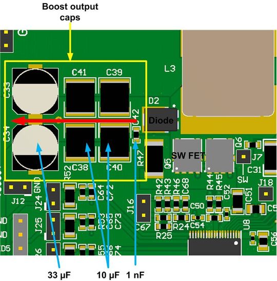 Bild 12: Empfohlene Anordnung der Ausgangskondensatoren am Aufwärtswandler.
