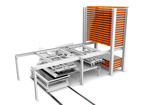 Kasto hat einen Manipulator für die optimale Anbindung automatischer Blechlagersysteme an Laserschneidmaschinen entwickelt. Kasto hat einen Manipulator für die optimale Anbindung automatischer Blechlagersysteme an Laserschneidmaschinen entwickelt.