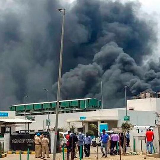 Plume of black smoke is visible post the fire outbreak at the chemical plant in Gujarat, India. Plume of black smoke is visible post the fire outbreak at the chemical plant in Gujarat, India.