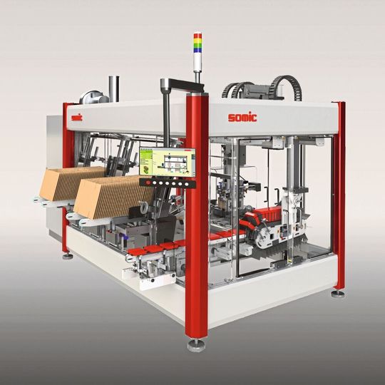 Deckel-Tray-Packer zum Sammeln, Gruppieren und Verpacken von Produkten in offenen Kartons oder in Deckel-Tray-Verpackungen (Deckel befindet sich innen). Deckel-Tray-Packer zum Sammeln, Gruppieren und Verpacken von Produkten in offenen Kartons oder in Deckel-Tray-Verpackungen (Deckel befindet sich innen).