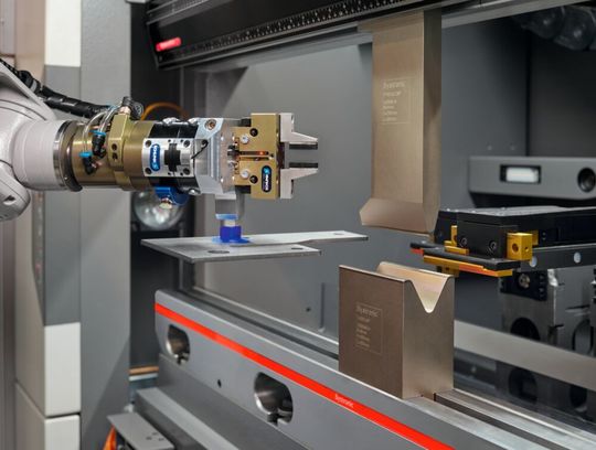 Mobile Bending Cell mit einer Xpert 80: Der Roboterarm in der Bending Cell bringt das zu bearbeitende Werkstück präzise zum Biegewerkzeug. Mobile Bending Cell mit einer Xpert 80: Der Roboterarm in der Bending Cell bringt das zu bearbeitende Werkstück präzise zum Biegewerkzeug.