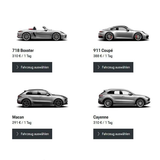 Wer einen Porsche für einen Tag mieten will, muss dafür beispielsweise im Porsche Zentrum Hamburg mit einem Preis von mindestens 291 Euro rechnen. Wer einen Porsche für einen Tag mieten will, muss dafür beispielsweise im Porsche Zentrum Hamburg mit einem Preis von mindestens 291 Euro rechnen.