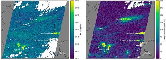Satellitenbilder aus den Simulationen der Empa-Forschenden: Das Bild links zeigt die Messungen des CO2-Instruments, das Bild rechts des NO2-Instruments des Satelliten. Deutlich sind die Emissionen der Stadt Berlin sowie mehrere Kohlekraftwerke zu erkennen. Satellitenbilder aus den Simulationen der Empa-Forschenden: Das Bild links zeigt die Messungen des CO2-Instruments, das Bild rechts des NO2-Instruments des Satelliten. Deutlich sind die Emissionen der Stadt Berlin sowie mehrere Kohlekraftwerke zu erkennen.