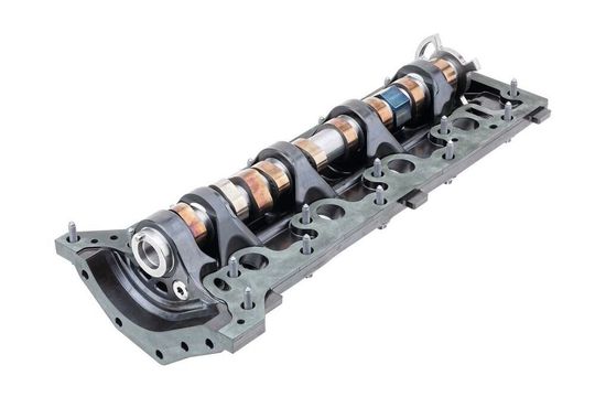 Eine monolithische Bauweise mit integrierten Lagern erleichtert die spätere Montage des neu entwickelten Nockenwellenmoduls aus Kunststoff. Eine monolithische Bauweise mit integrierten Lagern erleichtert die spätere Montage des neu entwickelten Nockenwellenmoduls aus Kunststoff.