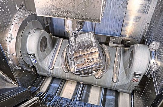 The mould being machined in the automated Hermle C 250 5-axis cell. Batch size is typically between 6- and 12-off. The mould being machined in the automated Hermle C 250 5-axis cell. Batch size is typically between 6- and 12-off.