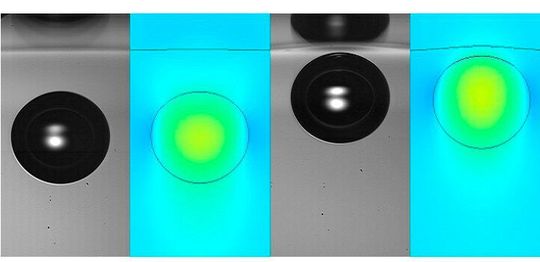 High-speed camera snapshots and simulations of bubbles bouncing from water-air interfaces can be used to detect trace amounts of contaminants. High-speed camera snapshots and simulations of bubbles bouncing from water-air interfaces can be used to detect trace amounts of contaminants.
