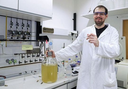 Doktorand Dragan Trifunovic mit einer großen Flasche und einem kleinen Reagenzglas, die kultivierte Thermotoga maritima-Bakterien enthalten.