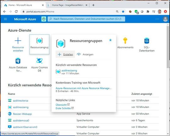 Für den Image Resizer erstellen wir eine neue Ressourcengruppe. (Bild: Drilling / Microsoft)