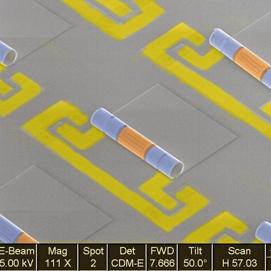 Elektronenmikroskop-Aufnahme der von der University of Illinois entwickelten 3D-Induktivitäten (blau) und Kondensatoren (gelb) auf Basis von selbstaufrollenden Membranen. Elektronenmikroskop-Aufnahme der von der University of Illinois entwickelten 3D-Induktivitäten (blau) und Kondensatoren (gelb) auf Basis von selbstaufrollenden Membranen.
