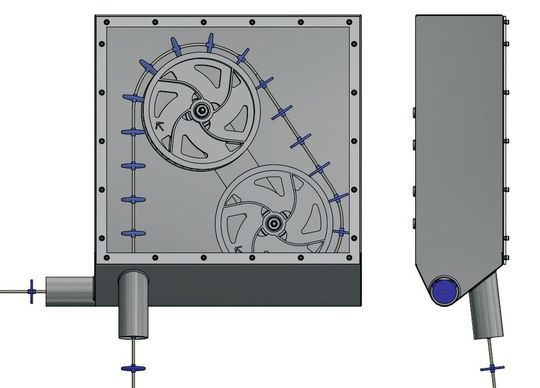 Anordnung von zwei Umlenkrollen in der neuen Umlenkstation SFA60, die aktuell zum Patent angemeldet ist: Eintritt der Förderstrecke vertikal, Abzug mit unterer Rolle horizontal nach links außen Anordnung von zwei Umlenkrollen in der neuen Umlenkstation SFA60, die aktuell zum Patent angemeldet ist: Eintritt der Förderstrecke vertikal, Abzug mit unterer Rolle horizontal nach links außen