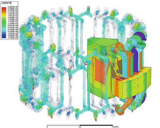 Simulation einer Klauenpolmaschine: Zu sehen sind die Flussdichte in den Eisenteilen und die Stromdichten in der Wicklung. Simulation einer Klauenpolmaschine: Zu sehen sind die Flussdichte in den Eisenteilen und die Stromdichten in der Wicklung.