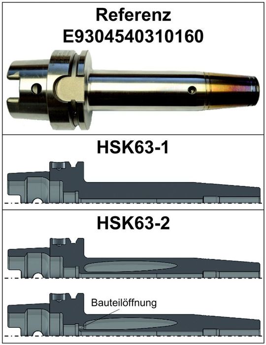 Bild 1: Unter der Referenzwerkzeugaufnahme sind die drei untersuchten hybrid-additiv gefertigten Varianten dargestellt. Bild 1: Unter der Referenzwerkzeugaufnahme sind die drei untersuchten hybrid-additiv gefertigten Varianten dargestellt.