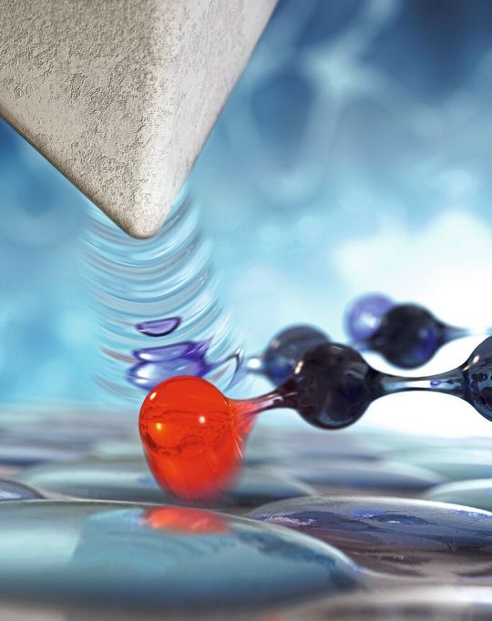 Die Spitze eines ultraschnellen Rastertunnelmikroskops (oben links) schwebt über einem molekularen Schalter (unten, verbundene rote und schwarze Kugeln). Ultraschnelle atomare Kräfte (Schockwellen) induzieren lebhafte Bewegungen eines bestimmten Atoms (rote Kugel) im Molekül, um seine Reaktivität auf ultraschnellen Zeitskalen zu steuern. Die Spitze eines ultraschnellen Rastertunnelmikroskops (oben links) schwebt über einem molekularen Schalter (unten, verbundene rote und schwarze Kugeln). Ultraschnelle atomare Kräfte (Schockwellen) induzieren lebhafte Bewegungen eines bestimmten Atoms (rote Kugel) im Molekül, um seine Reaktivität auf ultraschnellen Zeitskalen zu steuern.