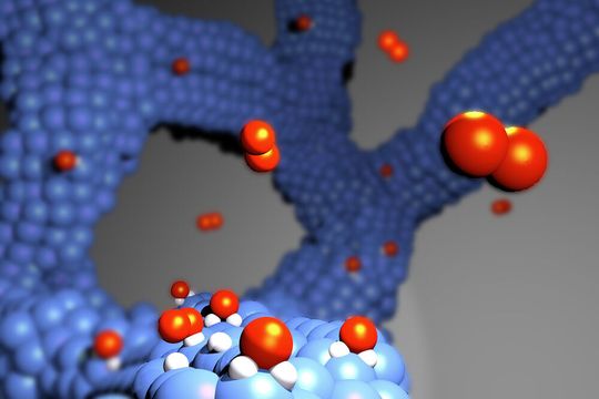 Die roten Kugeln stellen die Sauerstoffmoleküle dar. Diese werden auf der Katalysatoroberfläche (blaues poröses Gerüst aus blauen Kugeln) als selbsttragende Platin-Katalysatoren zu Wasser umgeformt. Diesen Prozess nennt man Reduktion.