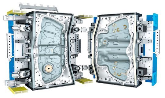 Rendering eines geöffneten Blasformwerkzeuges.