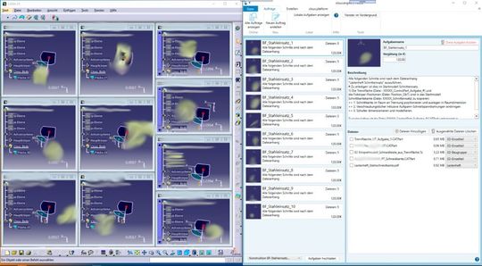 Ergebnis-Teilmodelle der Formfläche nach der Zerlegung in Catia (links) und entsprechend erzeugte Aufgaben mit Metadaten und Zusatzmodellen rechts in der Clous.Engine.