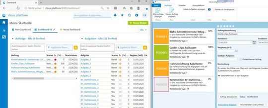 Projektansicht im Webbrowser (links) und in der Clous.Engine (rechts) aus Sicht des Auftraggebers.