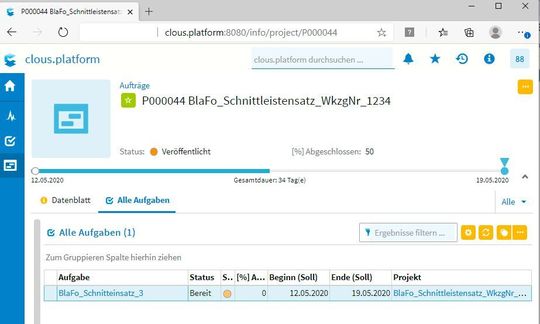 Sicht auf die Clous.Platform im Webbrowser durch Auftragnehmer. Eine verfügbare Aufgabe zur Bearbeitung.