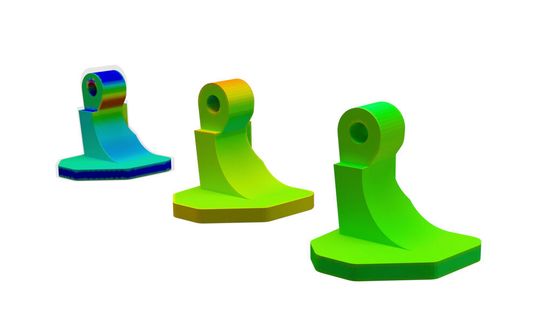 Drei Phasen der automatisierten Optimierung: Die Verzugskompensation eines Scharniers mit Hilfe des Metal-Binder-Jetting-Moduls in Simufact Additive. Die Ergebnisse zeigen die Abweichung zwischen dem simulierten Teil und seiner ursprünglichen CAD-Geometrie. Drei Phasen der automatisierten Optimierung: Die Verzugskompensation eines Scharniers mit Hilfe des Metal-Binder-Jetting-Moduls in Simufact Additive. Die Ergebnisse zeigen die Abweichung zwischen dem simulierten Teil und seiner ursprünglichen CAD-Geometrie.