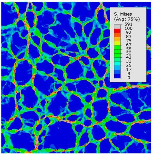 Simulation der Spannungen in den Silizium-Wänden von circa 10 Nanometer Dicke (grün-rot) infolge Ionenbeladung des Polypyrrols (blaue Bereiche). Simulation der Spannungen in den Silizium-Wänden von circa 10 Nanometer Dicke (grün-rot) infolge Ionenbeladung des Polypyrrols (blaue Bereiche).