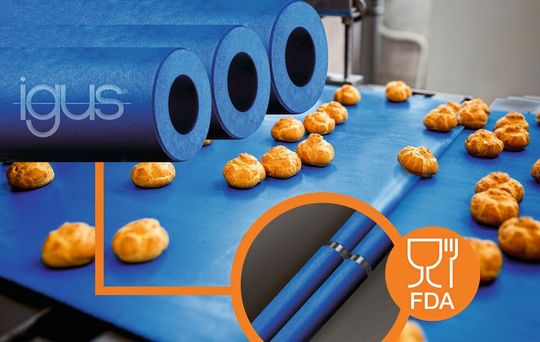 Das neue FDA-konforme Tribopolymer iglidur A250 ist speziell für den Einsatz als Messerkantenrolle entwickelt und hält selbst hohen Bandgeschwindigkeiten verschleißfest stand. Das neue FDA-konforme Tribopolymer iglidur A250 ist speziell für den Einsatz als Messerkantenrolle entwickelt und hält selbst hohen Bandgeschwindigkeiten verschleißfest stand.