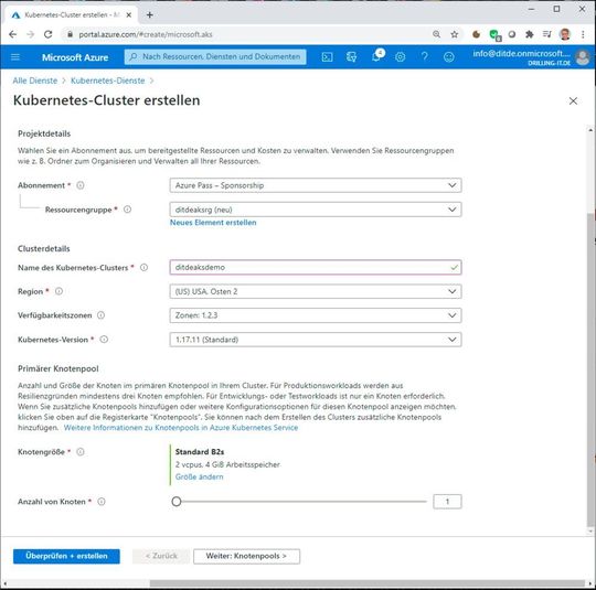 Der AKS-Cluster einen Namen, eine Ressource-Gruppe, Instant-Typen und eine Größe. (Bild: Drilling / Microsoft)