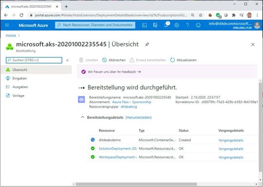 Der AKS-Cluster wird erstellt. (Bild: Drilling / Microsoft)