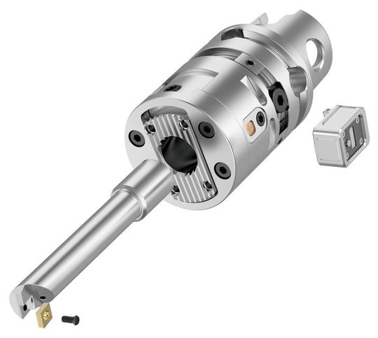 Modulares System: Bohrstange mit Schneiden, Feinbohrkopf mit Spindeladapter und ansteckbares Display. Modulares System: Bohrstange mit Schneiden, Feinbohrkopf mit Spindeladapter und ansteckbares Display.