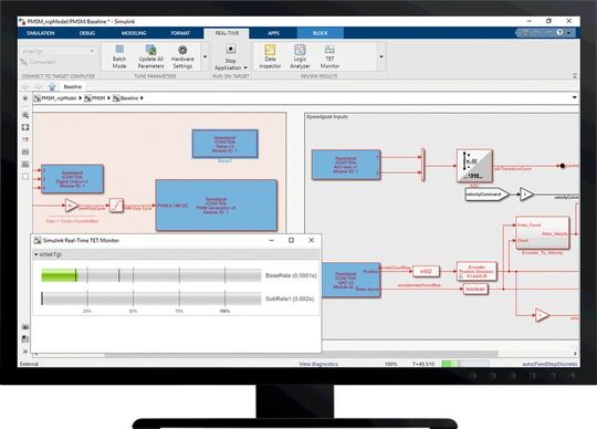 Simulink Real-Time ermöglicht Anwendungen in Echtzeit von Simulink-Modellen und deren Betrieb auf Speedgoat-Zielrechner-Hardware, die mit dem entsprechenden physischen System verbunden ist. Entwickelt speziell für Simulationen und Versuche in Echtzeit, darunter Rapid Control Prototyping (RCP), DSP und Vision System Prototyping sowie Simulation mit Hardware-in-the-Loop (HIL). Simulink Real-Time ermöglicht Anwendungen in Echtzeit von Simulink-Modellen und deren Betrieb auf Speedgoat-Zielrechner-Hardware, die mit dem entsprechenden physischen System verbunden ist. Entwickelt speziell für Simulationen und Versuche in Echtzeit, darunter Rapid Control Prototyping (RCP), DSP und Vision System Prototyping sowie Simulation mit Hardware-in-the-Loop (HIL).