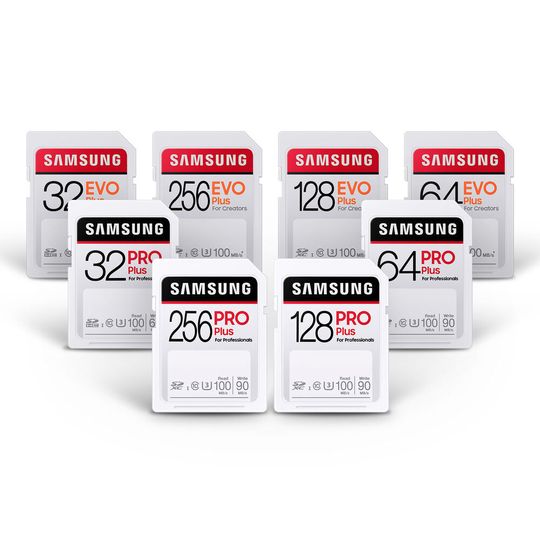Die SD-Karten EVO Plus und PRO Plus von Samsung sind jeweils in den Kapazitäten 32 GB, 64 GB, 128 GB und 256 GB erhältlich. Die SD-Karten EVO Plus und PRO Plus von Samsung sind jeweils in den Kapazitäten 32 GB, 64 GB, 128 GB und 256 GB erhältlich.